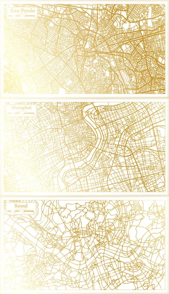 韩国和圣保罗的巴西城市地图都采用了金色复古风格 概要图 — 图库照片