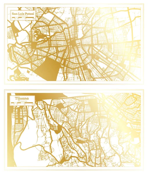 蒂华纳和圣路易斯波托西墨西哥城市地图设置为复古风格的金色 概要图 — 图库照片