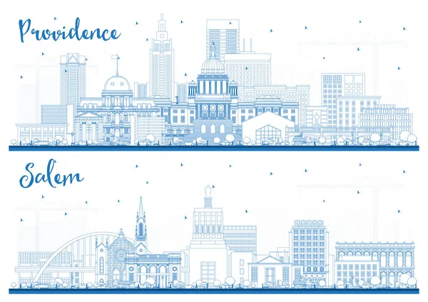 Outline Salem Oregon Providence Rhode Island City Skyline Set Blue — Stock Photo, Image