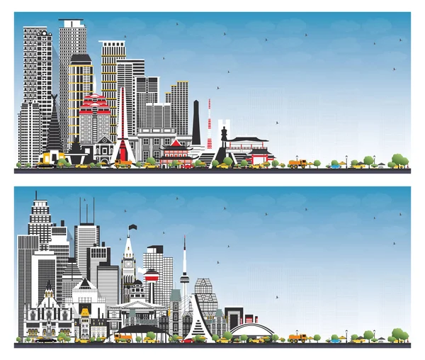 フィリピンとカナダへようこそ灰色の建物と青空と都市スカイラインセット ランドマークのある都市景観 マニラ ケソン ダバオ オタワだ トロントだ モントリオールだ バンクーバー — ストック写真