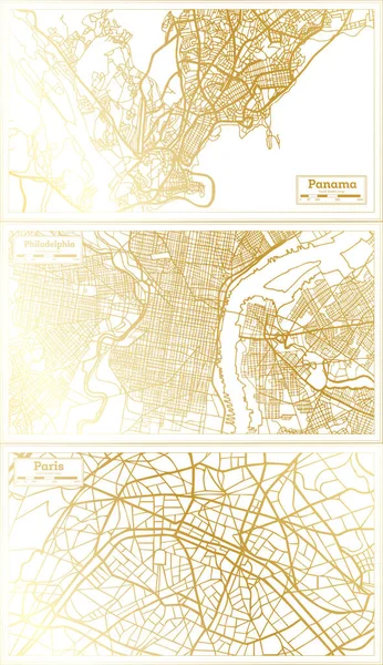 费城美国 巴黎法国和巴拿马城地图设置为复古风格的金色 概要图 — 图库照片