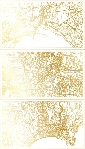 Мюнхен Німеччина Ніцца Франція Неаполь Італія City Map Set Retro — стокове фото