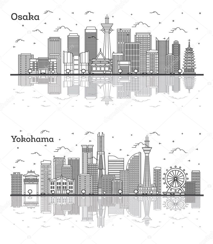 Outline Osaka and Yokohama Japan City Skyline Set with Modern Buildings and Reflections Isolated on White. Cityscape with Landmarks.