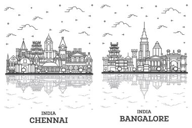 Bangalore ve Chennai India City Skyline Set 'in ana hatları Beyaz üzerine izole edilmiş Tarihi Binalar ve Yansımalar. Yer İmlerine sahip şehir manzarası.