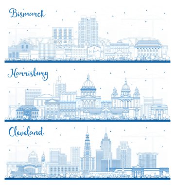 Harrisburg Pennsylvania, Cleveland Ohio ve Bismarck North Dakota City Skyline Set ve Blue Buildings. Yer İmlerine sahip şehir manzarası.