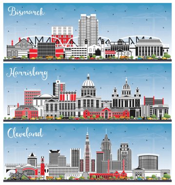 Harrisburg Pennsylvania, Cleveland Ohio ve Bismarck North Dakota City Skyline Set ile Color Buildings ve Blue Sky. Yer İmlerine sahip şehir manzarası.