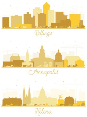 Annapolis Maryland, Helena ve Billings Montana City Skyline Siluet Seti Beyaz Binalar İzole edilmiş.
