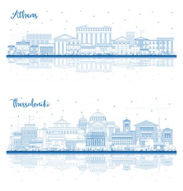 Atina ve Selanik 'in ana hatları, Mavi Binalar ve Yansımalarla Seti. Yer İmlerine sahip şehir manzarası.