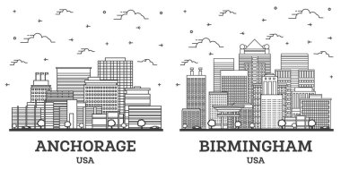 Ana hatlarıyla Birmingham Alabama ve Anchorage Alaska USA City Skyline Set ve Modern Binalar beyaza izole edilmiş. Yer İmlerine sahip şehir manzarası.