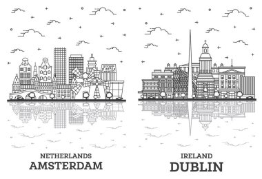 Dublin İrlanda ve Amsterdam Hollanda City Skyline Set ve Beyaz üzerine izole edilmiş Tarihi Binalar ve Yansımalar. Yer İmlerine sahip şehir manzarası.