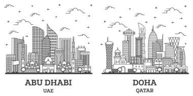 Ana hatlarıyla Doha Katar ve Abu Dabi Birleşik Arap Emirlikleri Şehri Skyline Set ve Modern Binalar beyaza izole edilmiş. Yer İmlerine sahip şehir manzarası. 