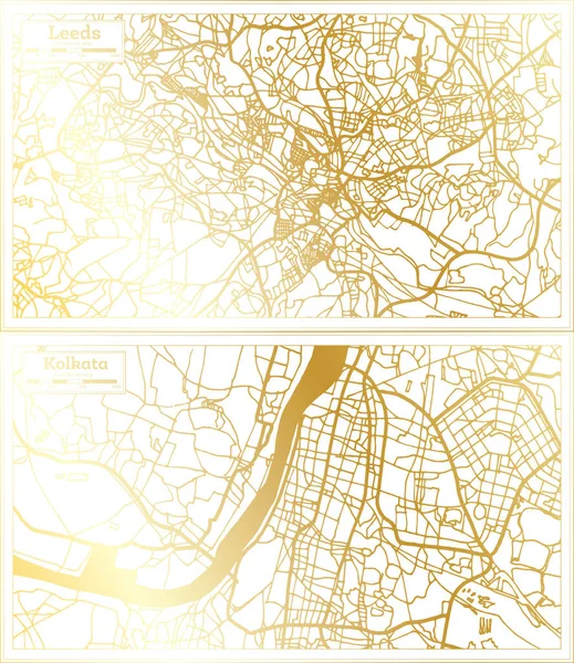 Kolkata India Leeds England City Map Set Retro Style Golden — стокове фото