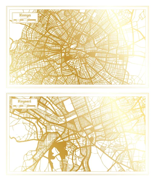 Kayseri and Konya Turkey City Map Set in Retro Style in Golden Color. Outline Map.