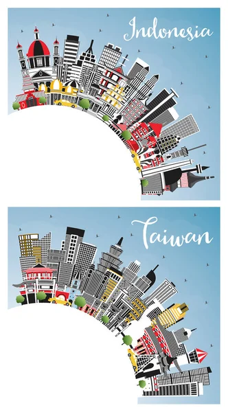Taiwan Och Indonesien Städer Skyline Set Med Grå Byggnader Blå — Stockfoto