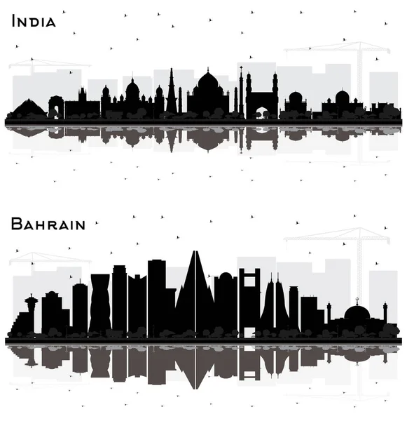 Bahréin Ciudad India Skyline Silhouette Set Con Edificios Negros Reflexiones —  Fotos de Stock