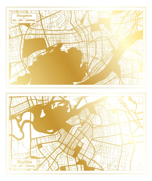 Harbin Hangzhou China City Map Set Estilo Retro Cor Dourada — Fotografia de Stock