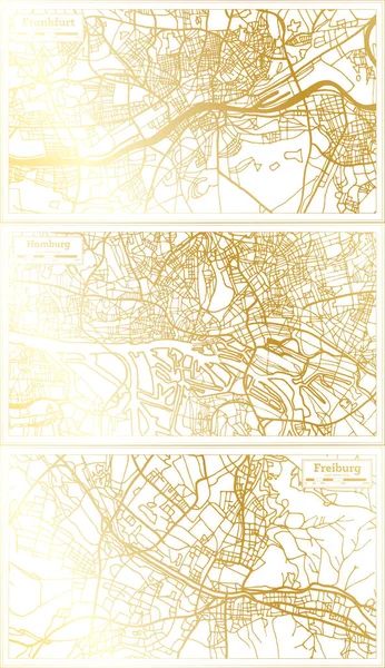 Hamburg Freiburg Frankfurt Germany City Map Set Retro Style Golden — стокове фото