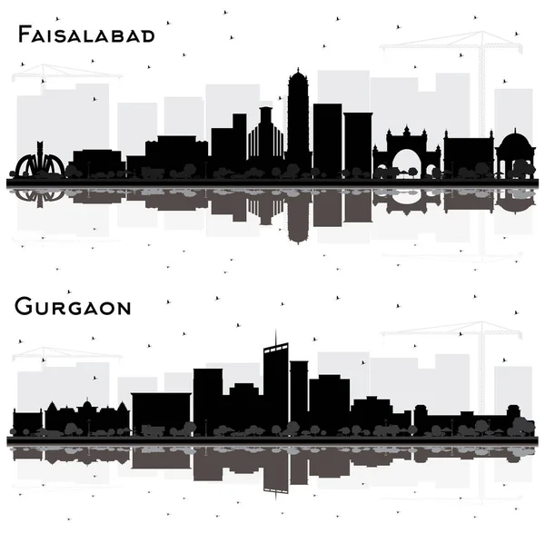 Gurgaon Ινδία Και Faisalabad Pakistan City Skyline Silhouette Σετ Μαύρα — Φωτογραφία Αρχείου