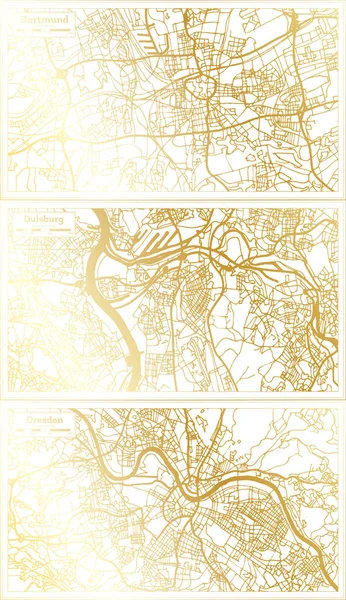 Duisburg Dresden Dortmund Germany City Map Set Retro Style Golden — стокове фото