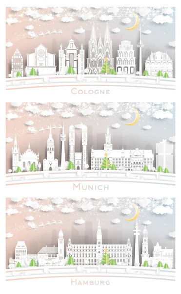 Munich Hamburgo Colonia Alemania City Skyline Ambientado Estilo Corte Papel —  Fotos de Stock