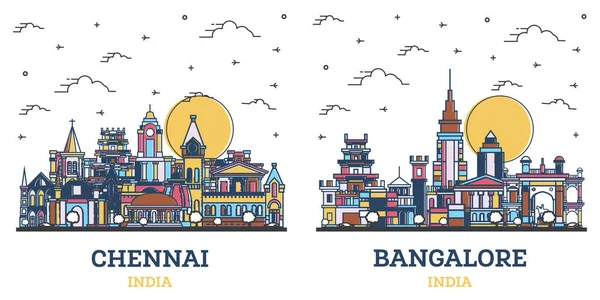 Bangalore Chennai India City Skyline Set Beyaza Izole Edilmiş Renkli — Stok fotoğraf
