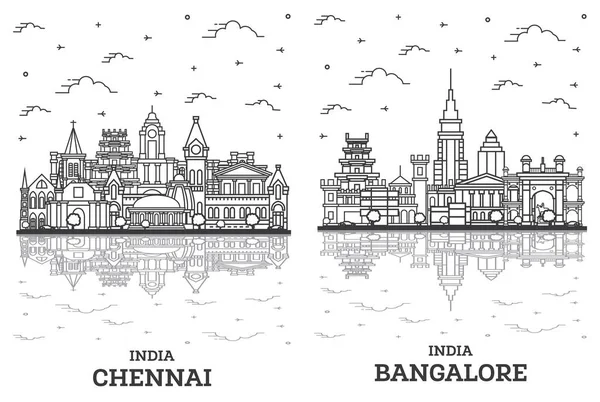 Vázlat Bangalore Chennai India City Skyline Set Historic Buildings Reflections — Stock Fotó