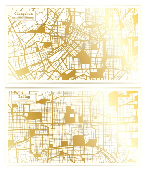 Beijing and Changchun China City Map Set in Retro Style in Golden Color. Outline Map.
