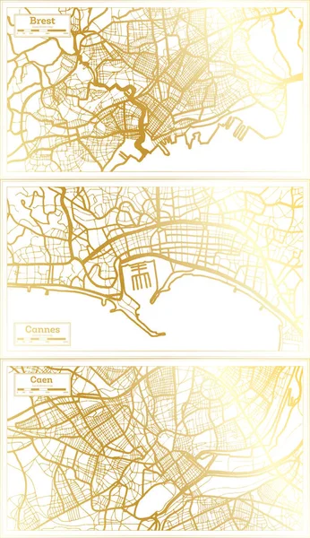 Cannes Caen Brest France City Map Set Retro Style Golden — стокове фото