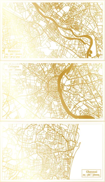 Cologne Germany, Chennai India and Bremen Germany City Map Set in Retro Style in Golden Color. Outline Map.