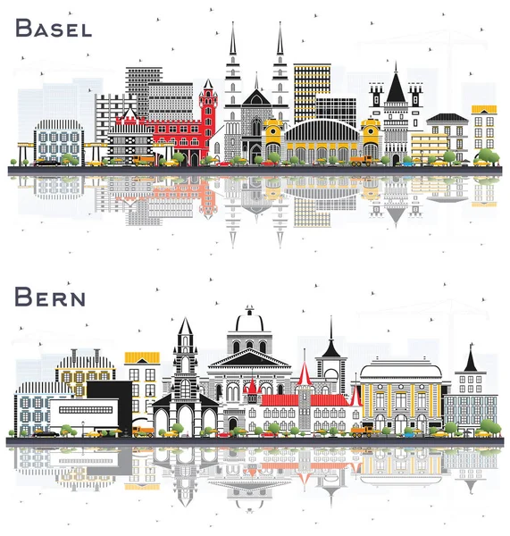 Bern Basel Svájc City Skyline Set Color Buildings Reflections Elszigetelt — Stock Fotó