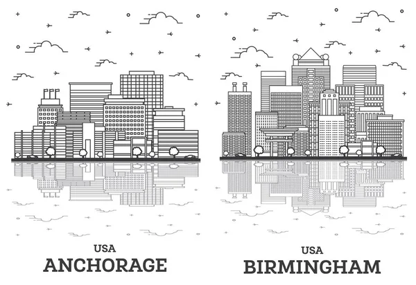 Outline Birmingham Alabama Anchorage Alaska Usa City Skyline Set Modern — Stock Photo, Image