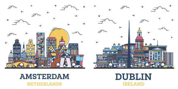 Disposition Dublin Irland Och Amsterdam Nederländerna City Skyline Set Med — Stockfoto