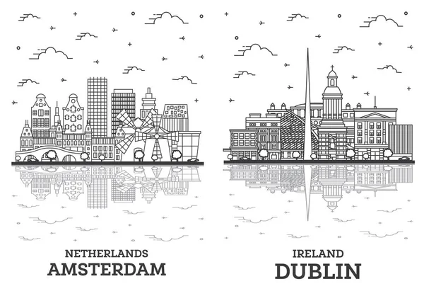 Esboço Dublin Irlanda Amsterdã Holanda Cidade Skyline Set Com Edifícios — Fotografia de Stock