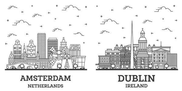 概要白を基調とした歴史的建造物が立ち並ぶダブリンアイルランドとアムステルダムオランダシティスカイラインセット ランドマークと都市景観 — ストック写真