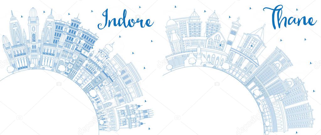 Outline Thane and Indore India City Skyline Set with Blue Buildings and Copy Space. Indore Madhya Pradesh Cityscape with Landmarks.