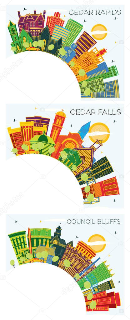 Council Bluffs, Cedar Rapids and Cedar Falls Iowa Skyline Set with Color Buildings, Blue Sky and Copy Space.