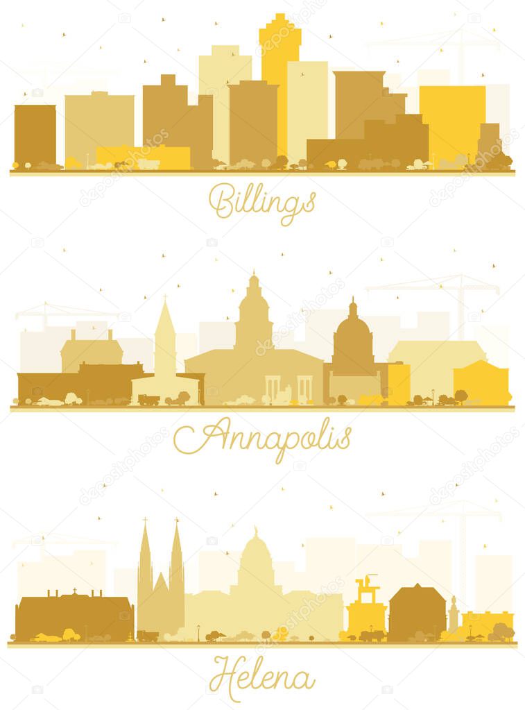 Annapolis Maryland, Helena and Billings Montana City Skyline Silhouette Set with Golden Buildings Isolated on White.