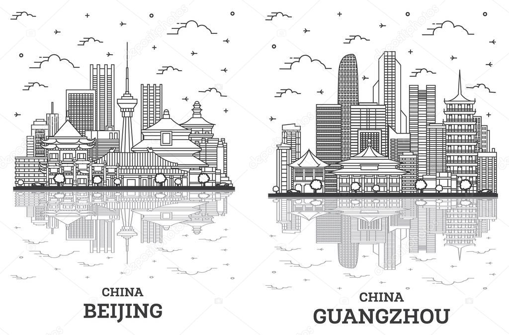 Outline Guangzhou and Beijing China City Skyline Set with Modern Buildings and Reflections Isolated on White. Cityscape with Landmarks. 