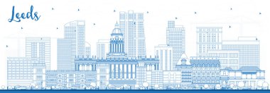 Blue Buildings ile Leeds UK City Skyline 'ın ana hatları. Vektör İllüstrasyonu. Landmark 'lı Leeds Yorkshire City manzarası. Tarihi Mimariyle İş Seyahati ve Turizm Konsepti.