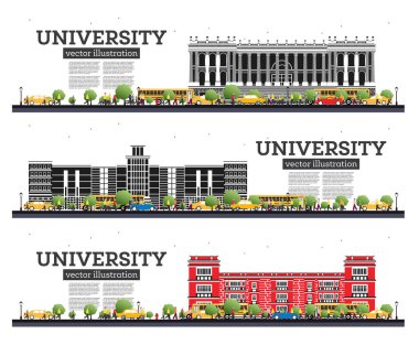 Üniversite kampüsü seti. White 'a izole edilmiş çalışma pankartları. Vektör İllüstrasyonu. Öğrenciler üniversitenin ana binasına gider. Yeşil Ağaç 'la Skyline. Boşluğu Kopyala.
