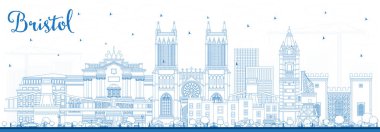 Blue Buildings ile Bristol UK City Skyline 'ın ana hatları. Vektör İllüstrasyonu. Bristol İngiltere Şehir Simgeleri ile Şehir. Tarihi Mimariyle İş Seyahati ve Turizm Konsepti.