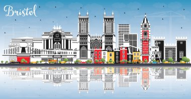 Renkli Binalar, Mavi Gök ve Yansımalar ile Bristol UK City Skyline. Vektör İllüstrasyonu. Bristol İngiltere Şehir Simgeleri ile Şehir. Tarihi Mimariyle İş Seyahati ve Turizm Konsepti.