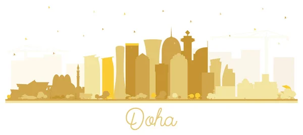 Doha Qatar City Skyline Silhouette Con Edificios Dorados Aislados Blanco — Vector de stock