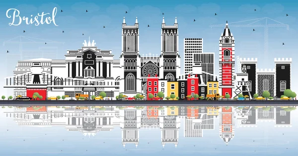 Renkli Binalar, Mavi Gök ve Yansımalar ile Bristol UK City Skyline. Vektör İllüstrasyonu. Bristol İngiltere Şehir Simgeleri ile Şehir. Tarihi Mimariyle İş Seyahati ve Turizm Konsepti.