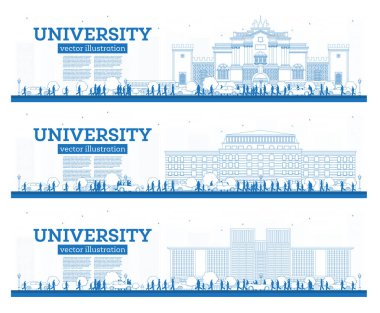 Taslak Üniversite Kampüsü Seti. Pankart okuyun. Vektör İllüstrasyonu. Öğrenciler üniversitenin ana binasına gider. Mavi Gökyüzü ve Yeşil Ağaç ile Skyline. Boşluğu Kopyala.