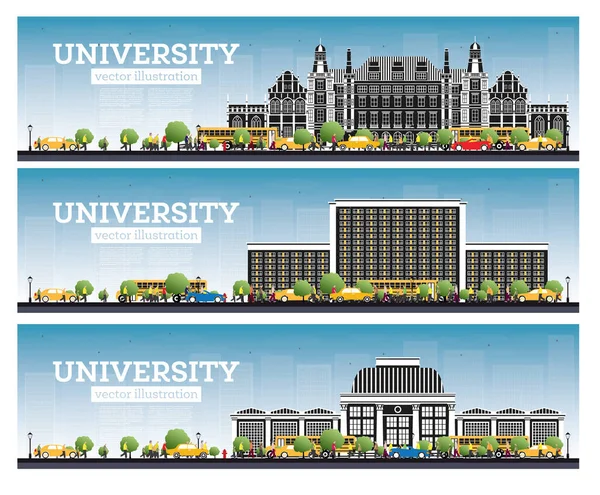 Uniwersytet Campus Set Ucz Się Transparentów Ilustracja Wektora Studenci Idą — Wektor stockowy