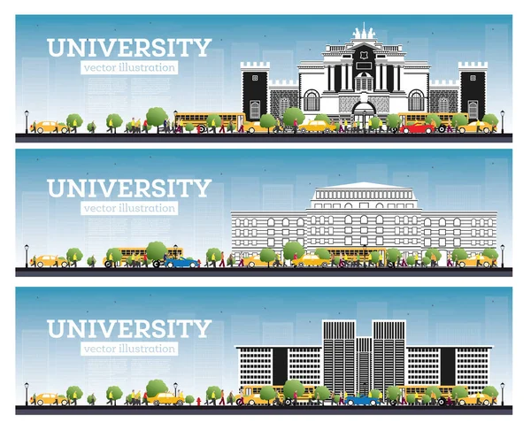 Universitätscampus Set Studienbanner Vektorillustration Studenten Gehen Zum Hauptgebäude Der Universität — Stockvektor