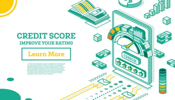 Aplicação Móvel Isométrica Para Verificação Pontuação Crédito Pessoal Ilustração Vetorial — Vetor de Stock