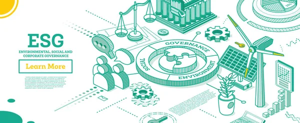ESG Çevre, Sosyal ve Yönetim kavramı. Vektör İllüstrasyonu. Sürdürülebilir Gelişim. Isometric Taslak Konsepti. Yeşil renk. Alternatif Enerji. Konuşan İnsanlar.