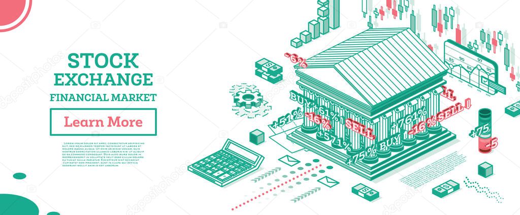 Isometric Stock Exchange Building. Outline Bank. Vector Illustration. Business Finance District. Display of Changes of Stock Market Quotes. Japanese Candles. Financial Market. Forex.
